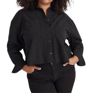 Madewell Black Cropped Button-Down Shirt with Patch Pockets